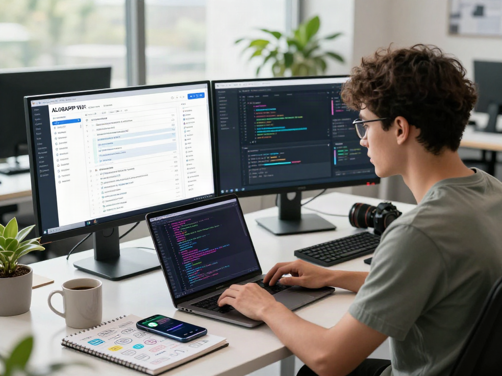 Developer engaging with ALO8APP WIN software on dual monitors in a modern office.