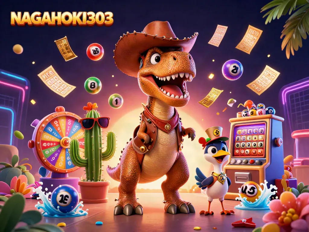 NAGAHOKI303 menggambarkan dino cowboy kartun T-Rex dan teman-teman dalam suasana permainan kasino yang ramai.