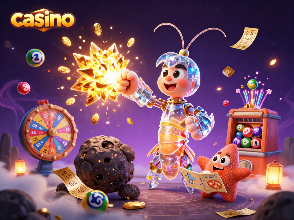 Explore a vibrant casino scene with colorful lottery balls, gold coins, and engaging elements.
