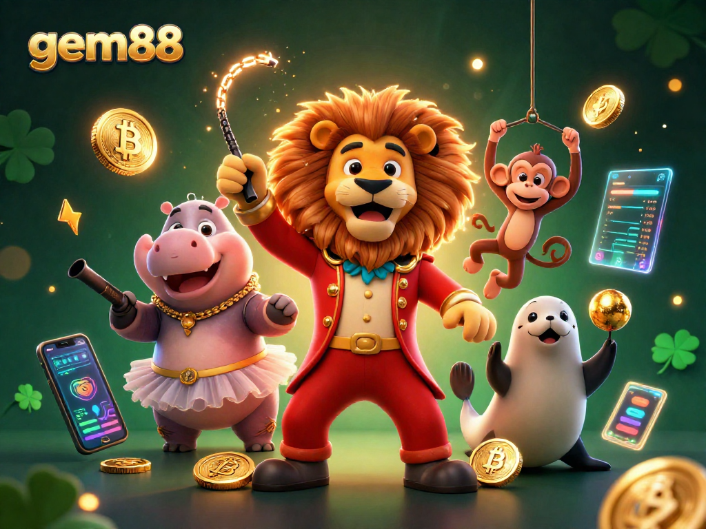 Experience the thrill of gem88 with lively casino characters amidst digital currency elements.