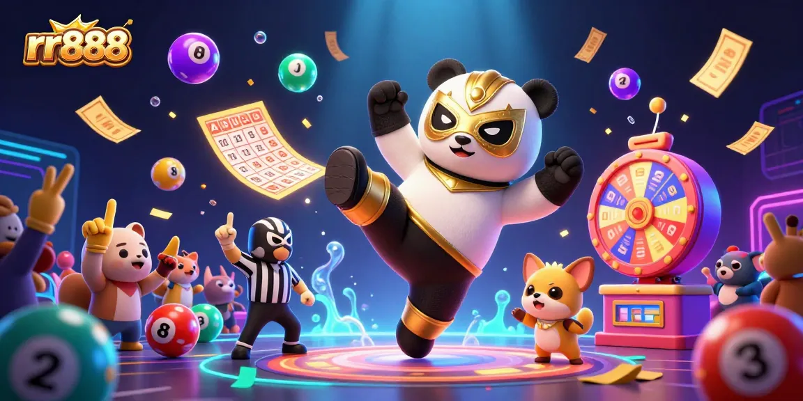 rr888 brings excitement with a 3D panda wrestler kicking and vibrant lottery elements in a casino scene
