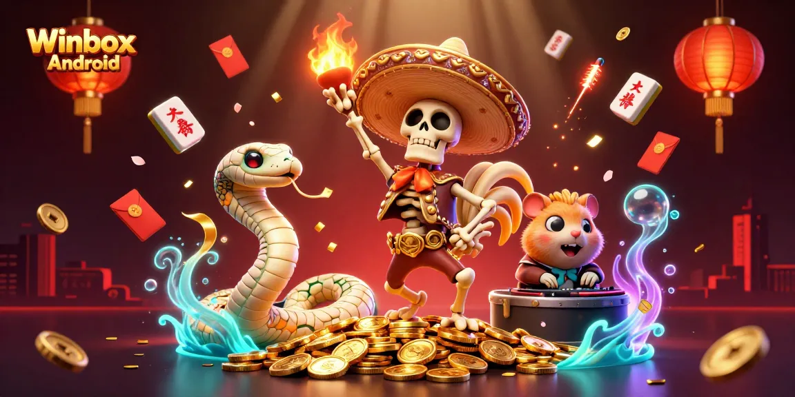Join the fun with Winbox Android, featuring a lively mariachi rooster and gaming elements around them.