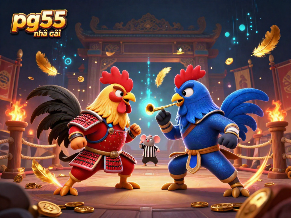 Engage with pg55 nhà cái in an action-packed 3D casino scene featuring unique rooster characters and vibrant gaming elements.