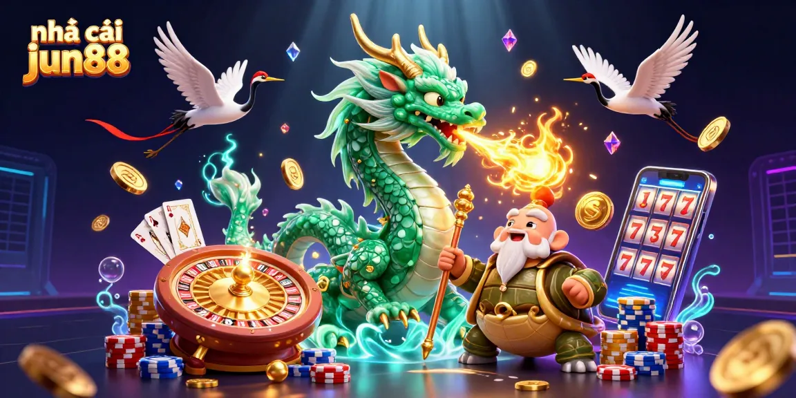 Experience the thrill of nhà cái jun88 with a vibrant illustration featuring a jade dragon and energetic casino elements.