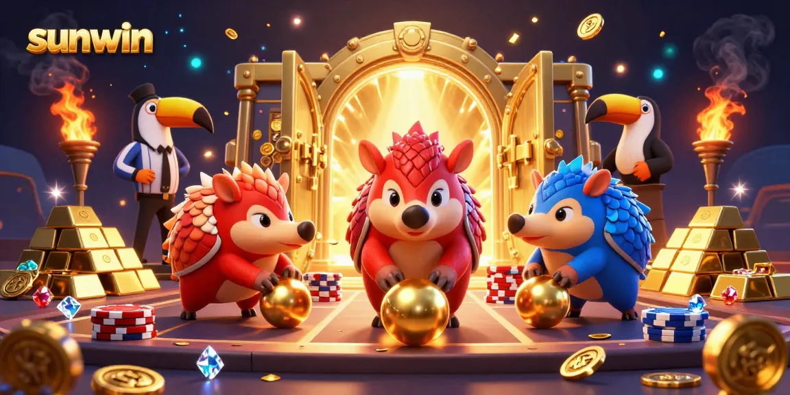Experience sunwin excitement in a 3D cartoon scene of rival pangolins bowling through poker chips.