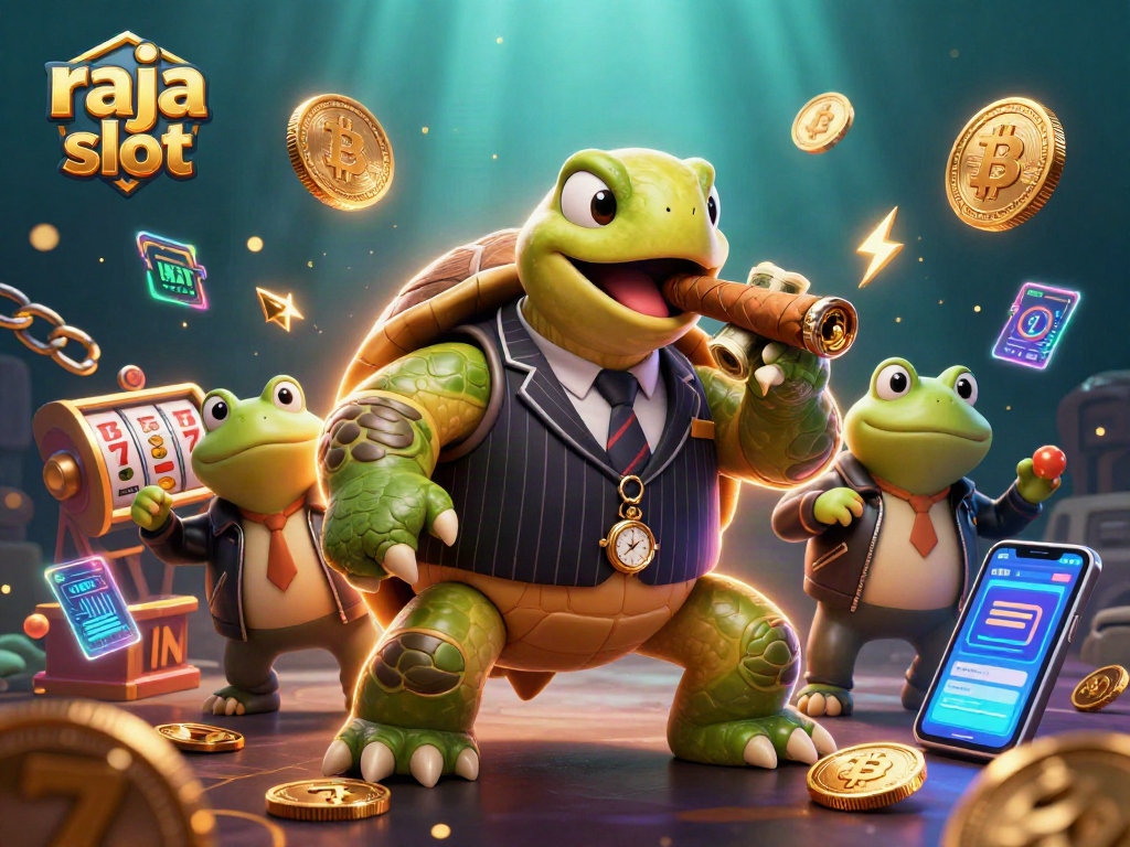 Menggenggam kemenangan dengan raja slot; karakter kura-kura mafia di kasino 3D penuh warna dan visual menarik.