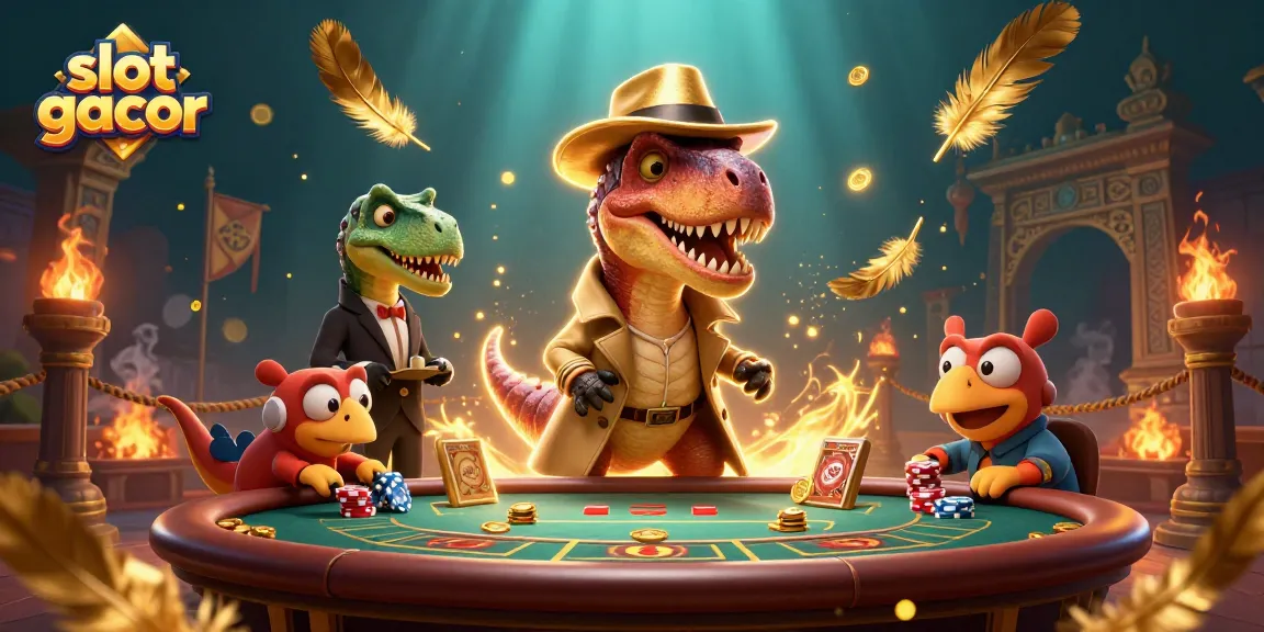Menggenggam jackpot dengan slot gacor dan karakter dinosaurus yang penuh warna di meja blackjack, menjalin suasana kasino yang seru.