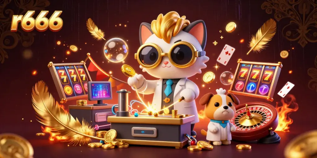 Engage with r666's thrilling casino world featuring a mad scientist cat and dog assistant creating gold coins.
