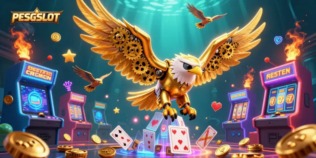PESGSLOT menghadirkan ilustrasi 3D slot yang menarik, dengan mesin arcade cerah dan kartu bermain yang melayang.