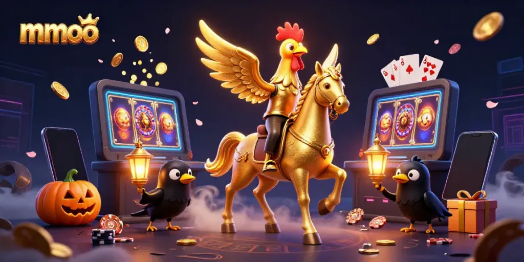 Experience dynamic mmoo casino excitement with a golden rooster and spooky companions amid rich slot action.