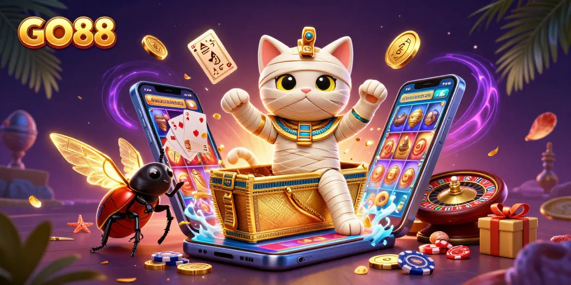 Experience thrilling wins at GO88 with a vibrant illustrated scene featuring casino gameplay.