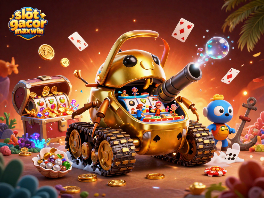 Menghadirkan slot gacor maxwin dengan konsep kasino mini di dalam tank kumbang emas berkilauan, dipenuhi simbol permainan dan harta bawah laut.