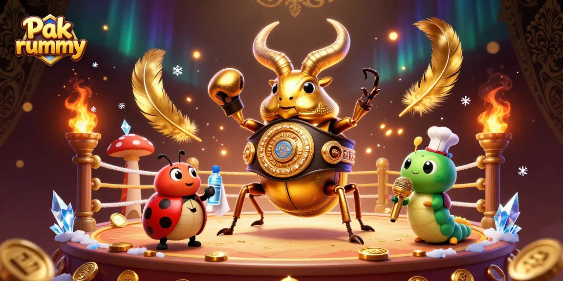 Experience competitive Pak rummy gameplay with a charming beetle champion and whimsical ladybug corner-man.