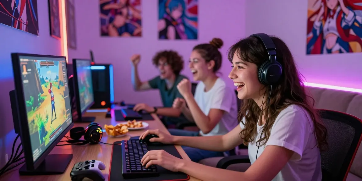 Friends playing interactive hentai game together in a vibrant gaming room.