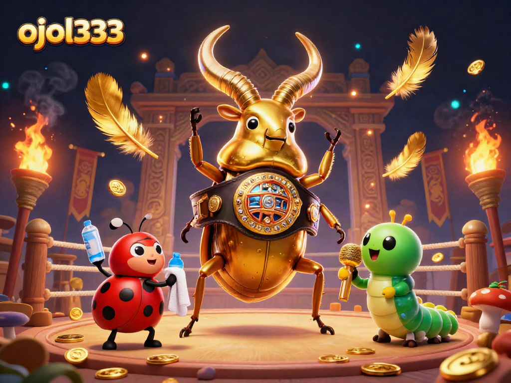 Engage in exciting gaming with ojol333 featuring a giant stag beetle champion in a vibrant casino illustration.