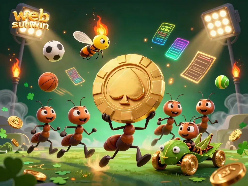 Navigate the thrilling web sunwin casino universe with a whimsical heist illustration featuring ants, sports elements, and a grasshopper getaway driver.