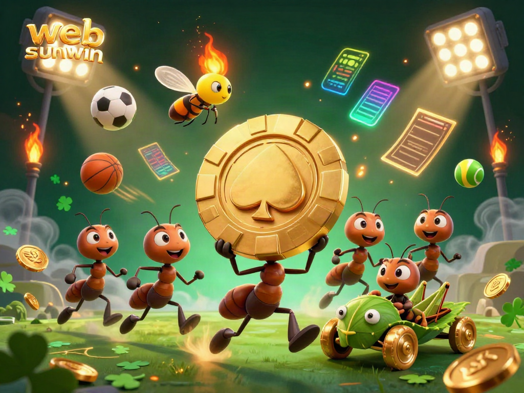 Navigate the thrilling web sunwin casino universe with a whimsical heist illustration featuring ants, sports elements, and a grasshopper getaway driver.