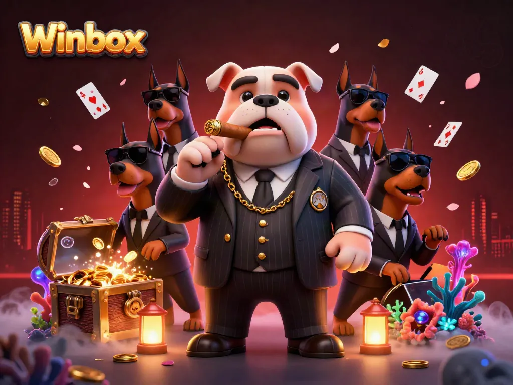 Experience thrilling gameplay with Winbox's animated mafia boss and Doberman bodyguards in a casino setting.