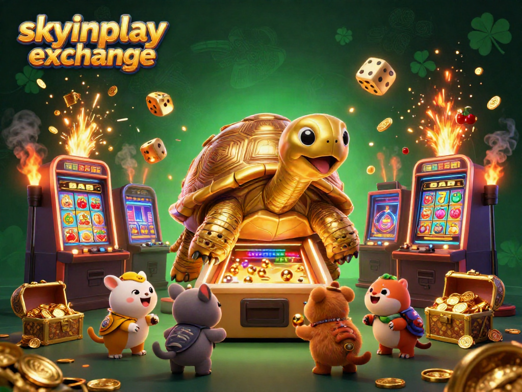 Experience thrilling gaming action at skyinplay exchange with a vibrant casino illustration of jackpots and golden tortoise.
