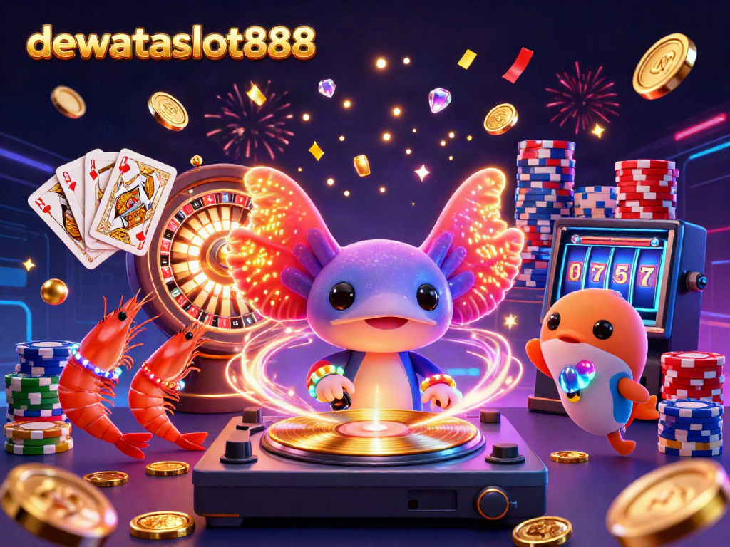 Menggambarkan dewataslot888 dalam ilustrasi 3D yang dinamis dengan elemen kasino dan karakter lucu