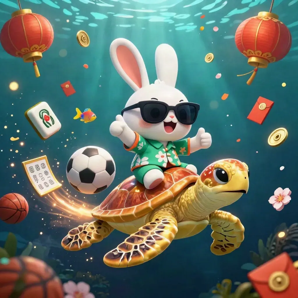 Lucky rabbit rides a gem-shell turtle amid casino props, sports balls, and glowing underwater rays.