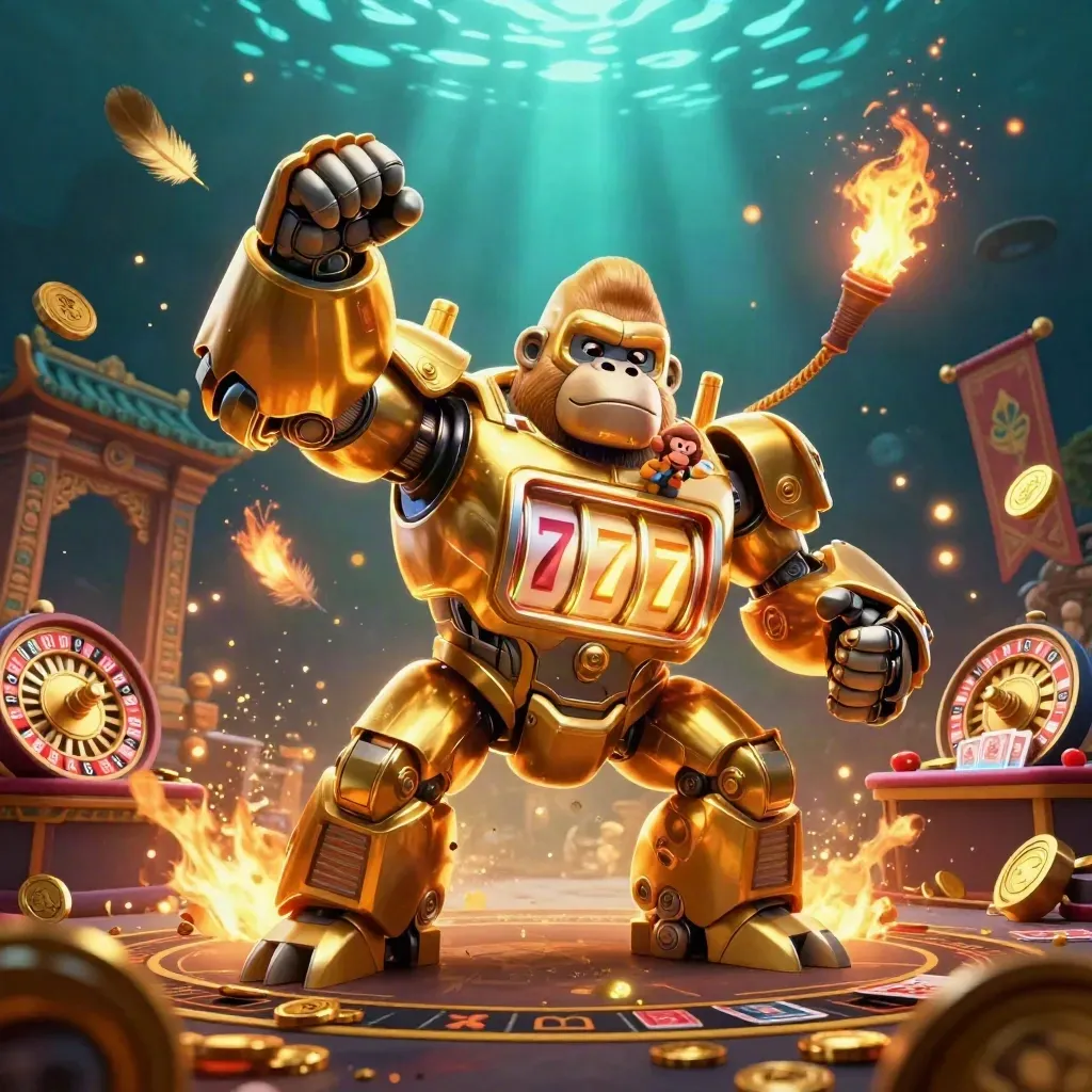 Golden gorilla mech with tiny monkey pilot amid casino treasure and temple gate.