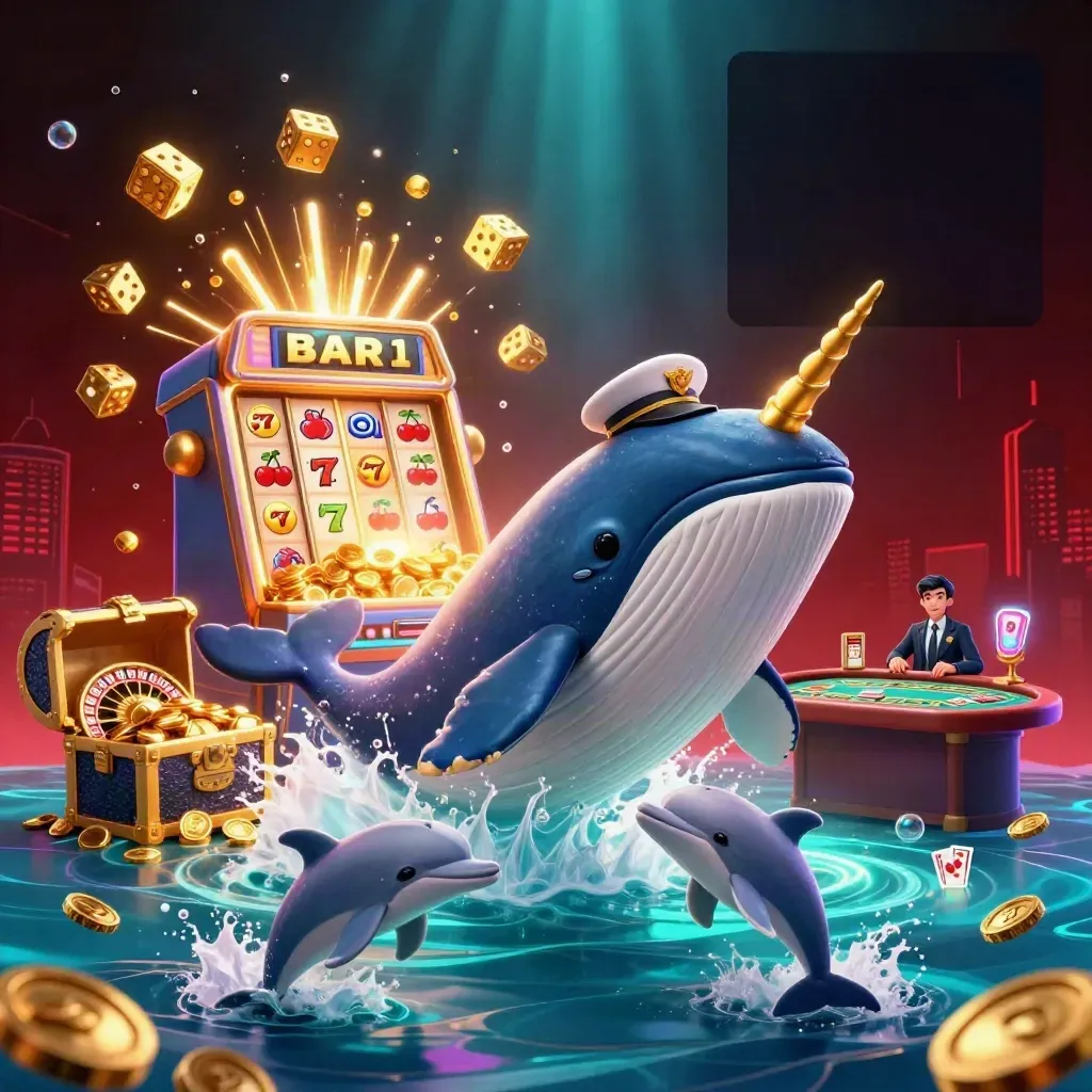 Whale captain, narwhal, and dolphins amid casino treasure and glowing slot effects
