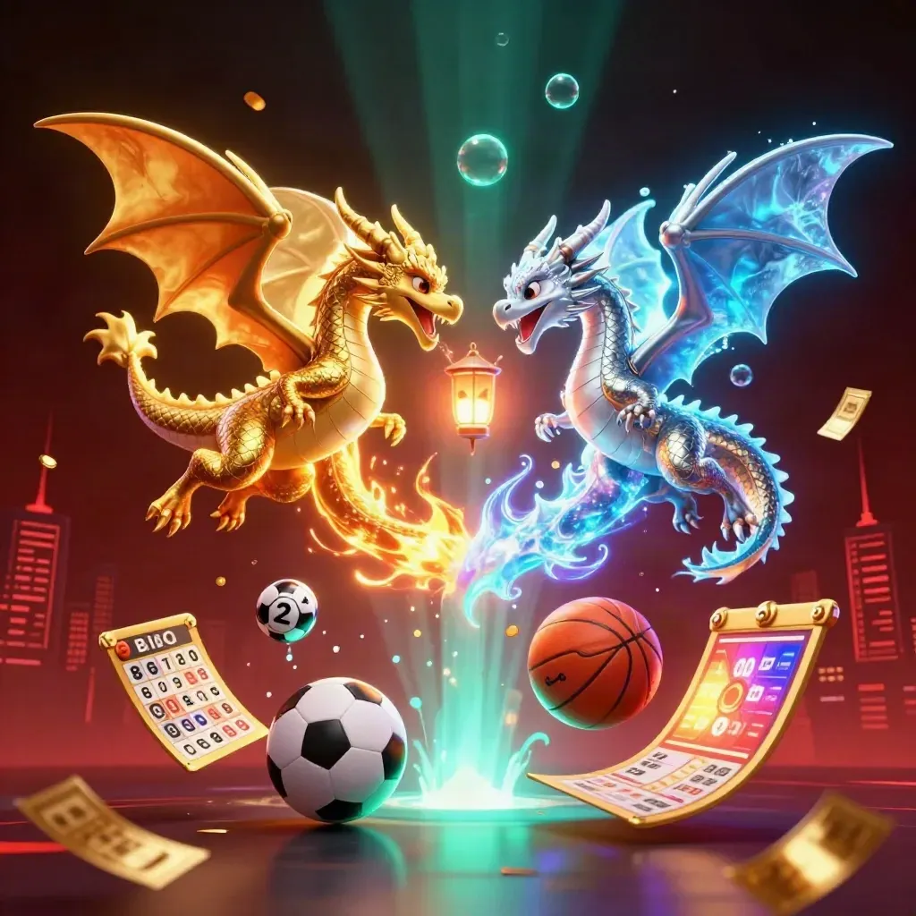 Gold and silver dragons spiral above casino props, lottery balls, and sports balls in neon light.