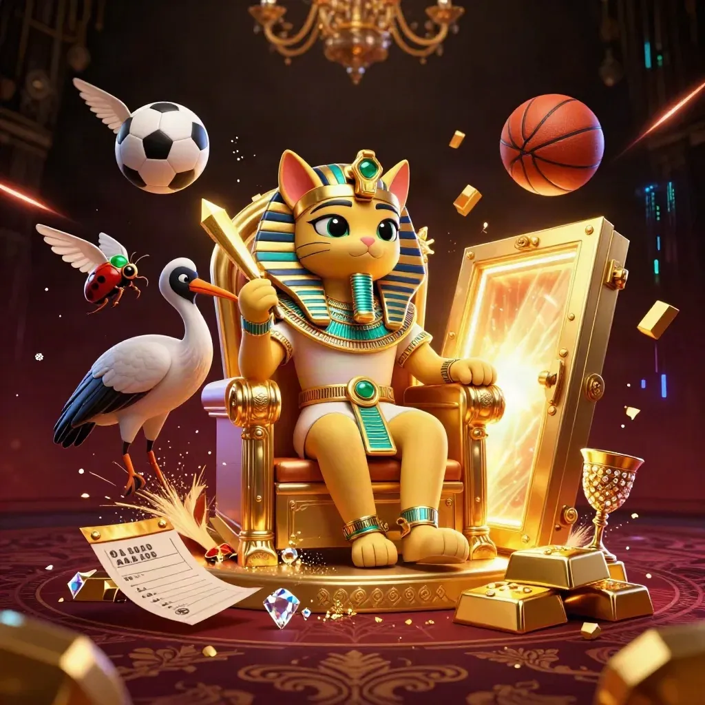 Pharaoh cat on golden throne amid sports balls, vault light, gold, and neon casino effects.