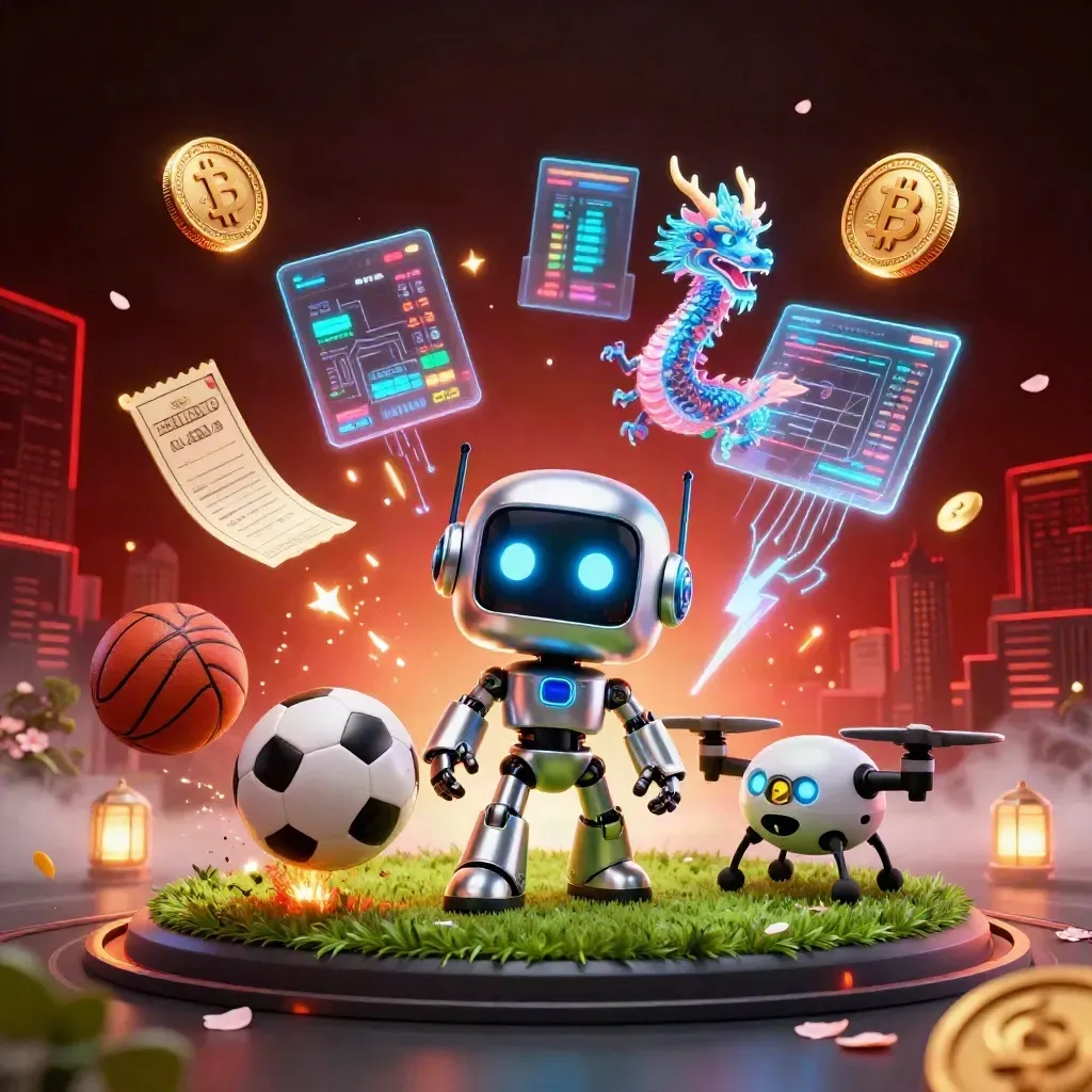 Robot mascot, holographic dragon and drone amid flying balls, neon coins and casino glow.