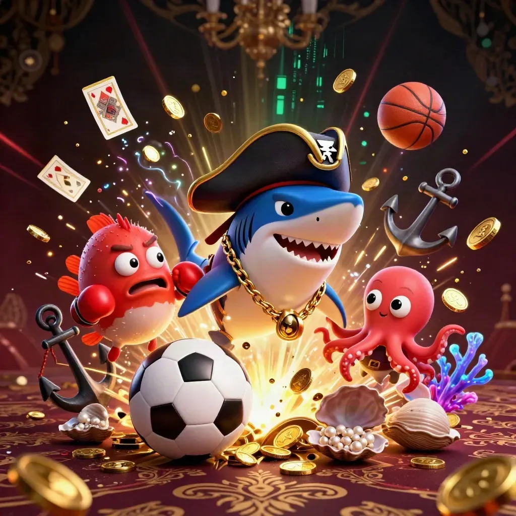 Pirate shark, pufferfish and octopus amid treasure, sports balls, coins and neon casino glow.