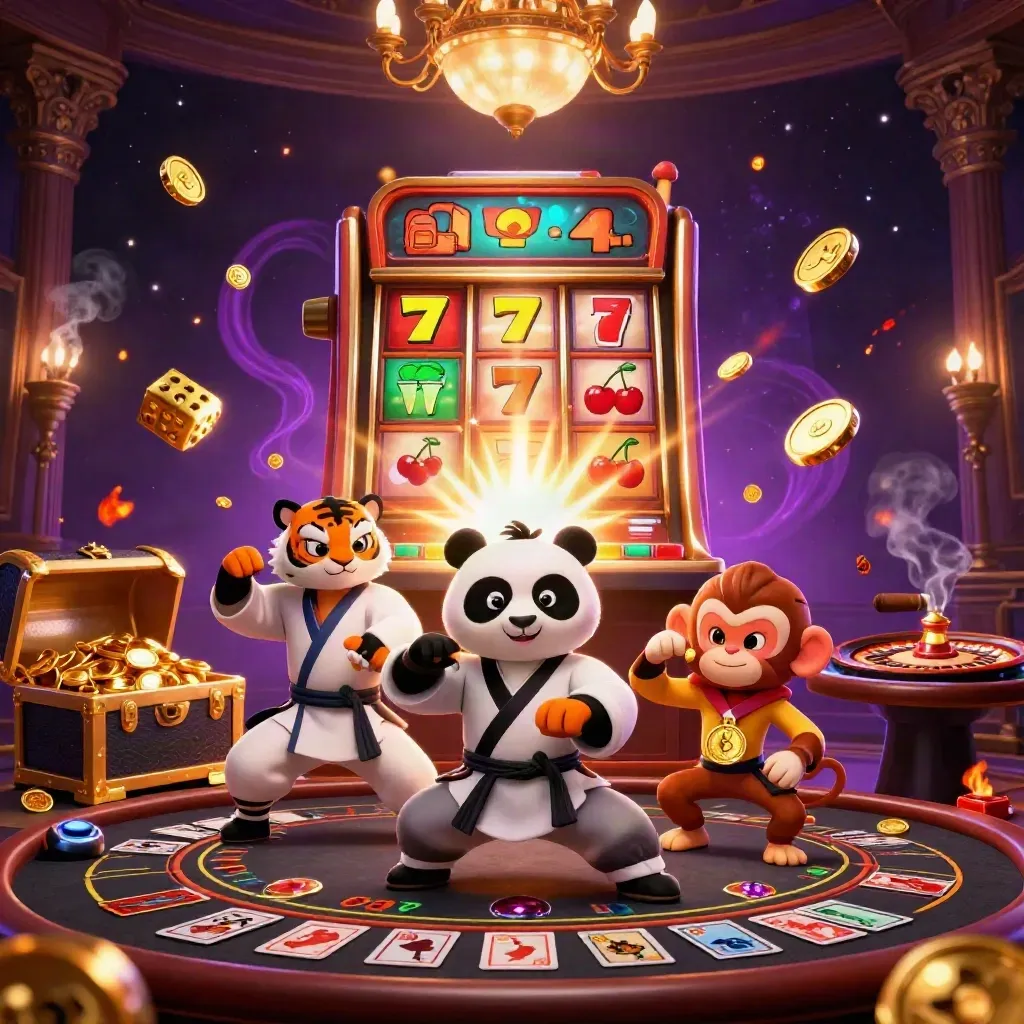 Tiger, panda, and monkey in a neon casino with slot burst, gold, and magical sparks.