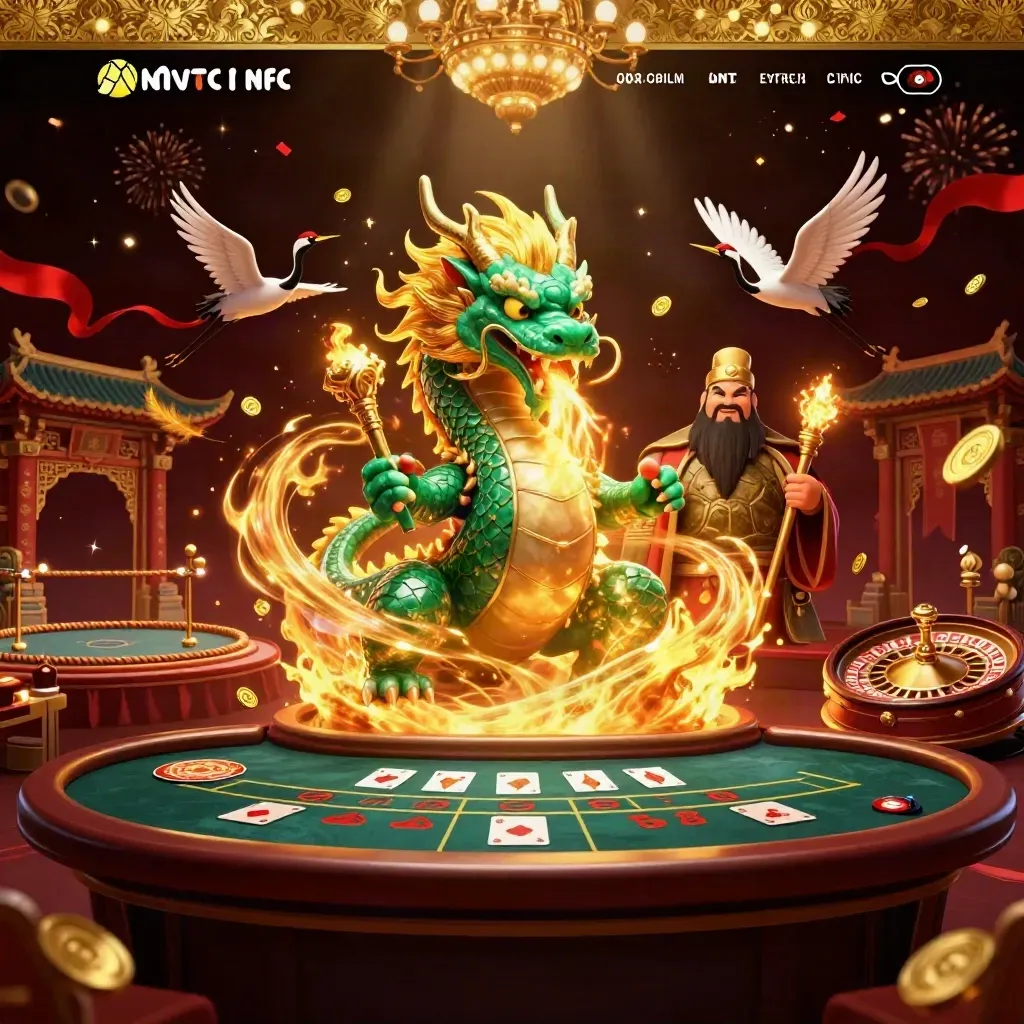Emerald dragon, turtle sage, and cranes in a luxe casino room with gold fire and cards.
