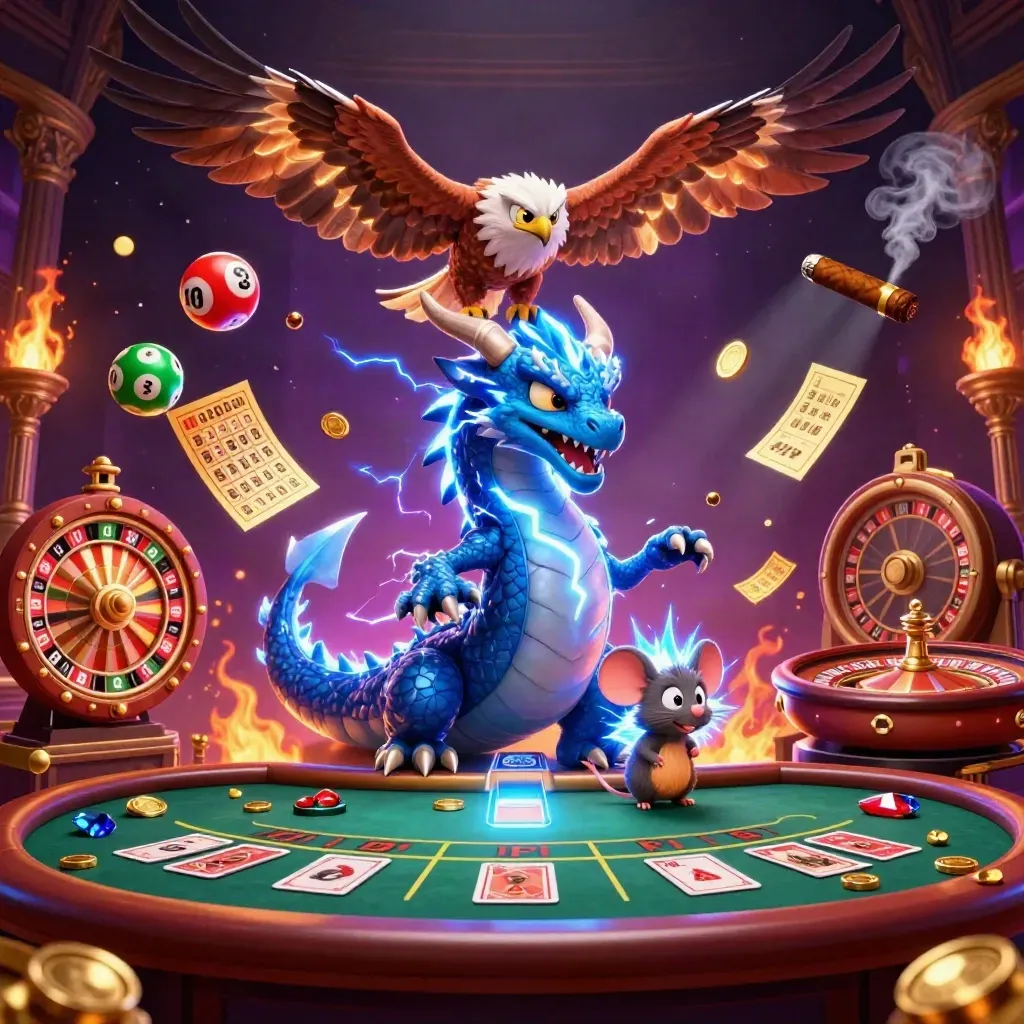 Thunder dragon, wind hawk, and thunder-mouse amid casino magic, cards, roulette wheel, and glowing effects