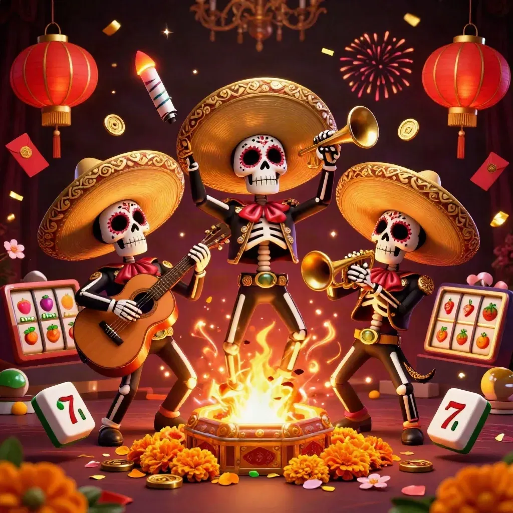 Skeleton mariachi trio amid casino effects, lanterns, coins, and crimson neon magic.