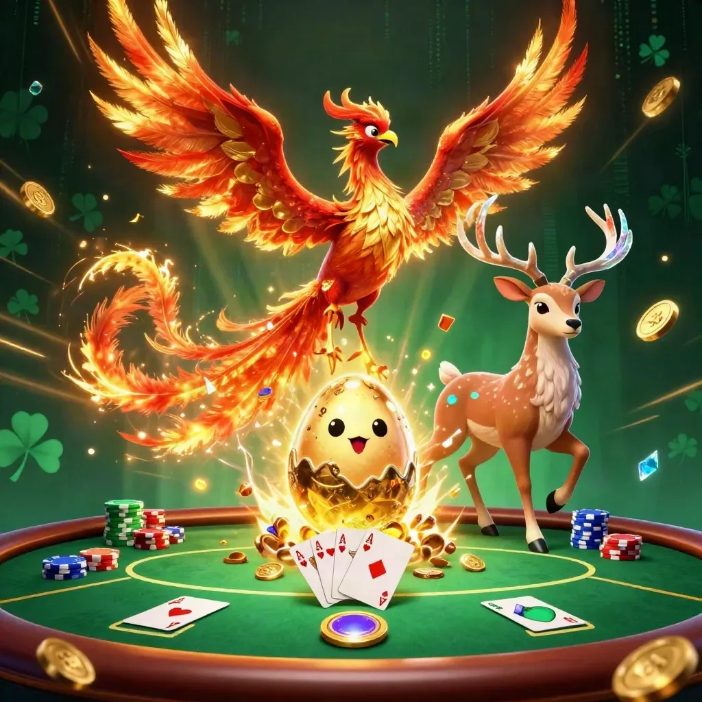 Phoenix, hatchling and stag burst from casino treasure amid emerald neon and poker chips.