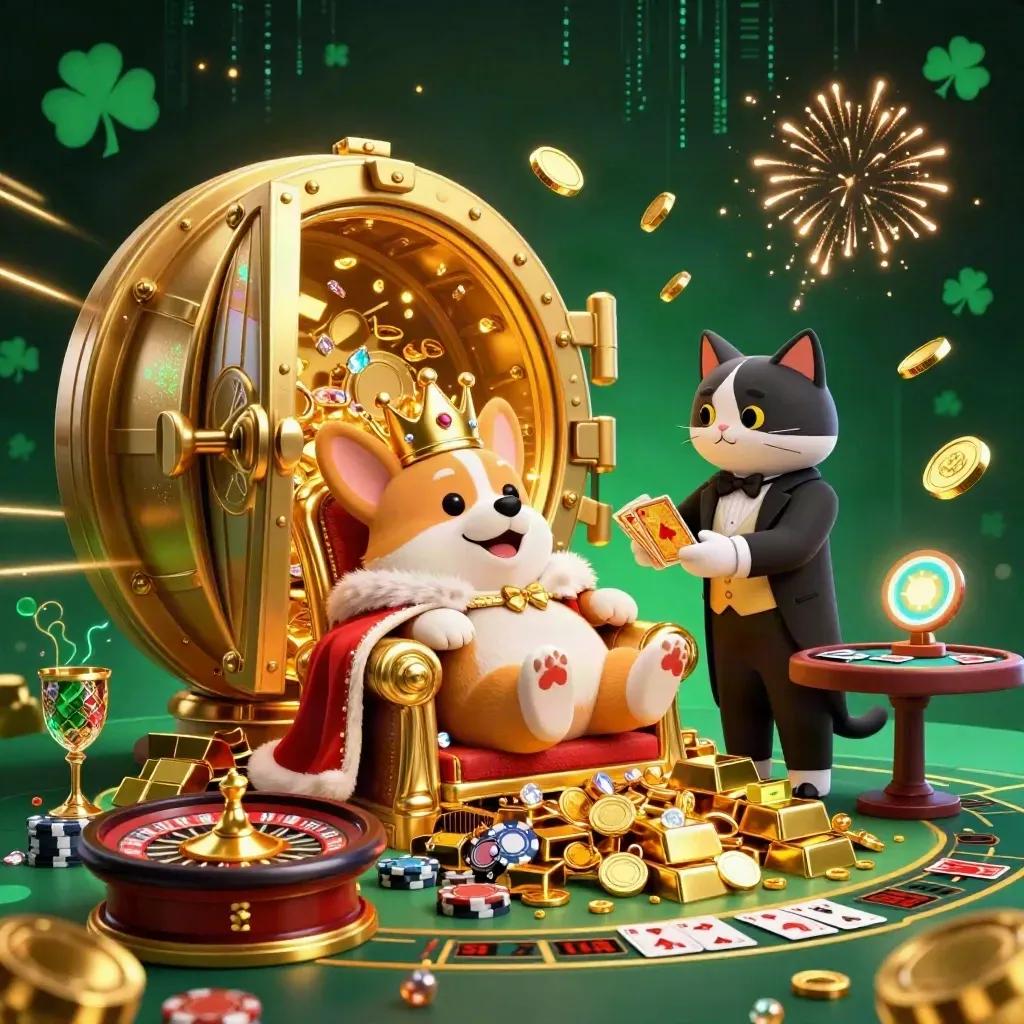 Royal corgi king and cat butler amid bursting vault, coins, cards, and fireworks.