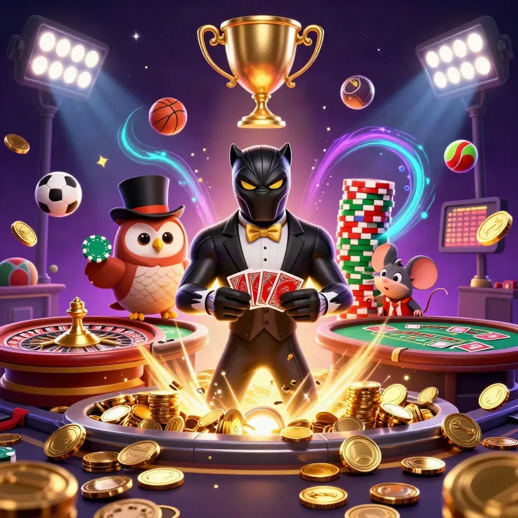 Black panther, owl, and mouse amid coins, cards, roulette, trophy, and fireworks.