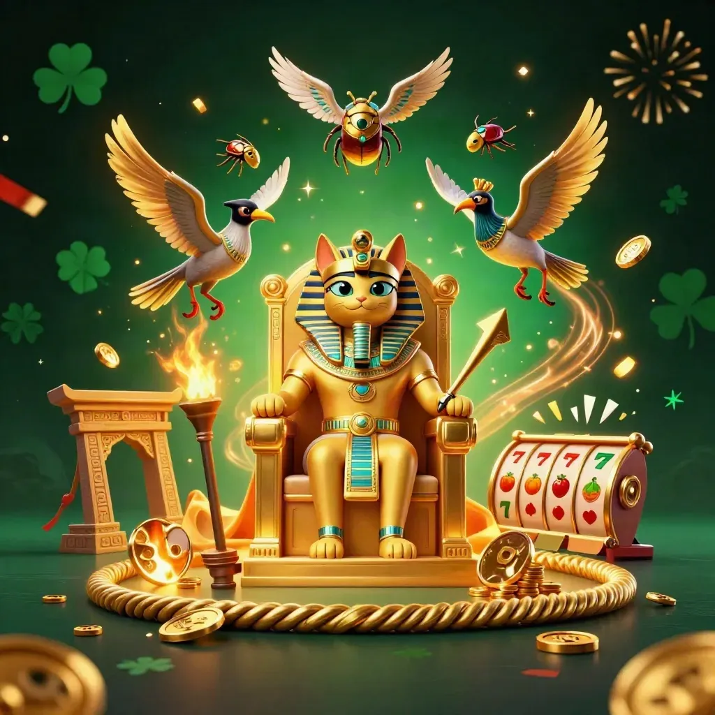 Pharaoh cat, ibis scribe, and gem-wing scarabs amid casino loot and neon magic.
