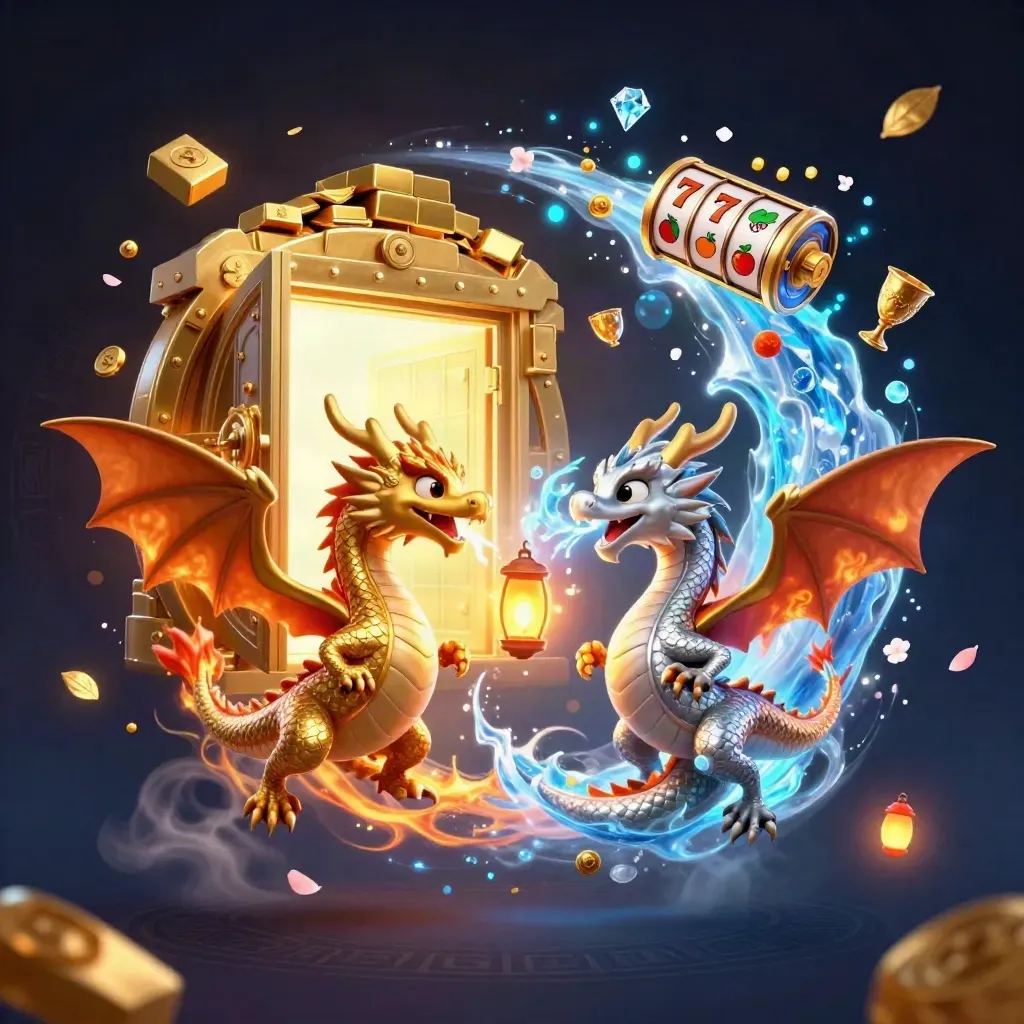 Gold and silver dragons spiral around a glowing vault, coins, gems, and slot symbols bursting out.