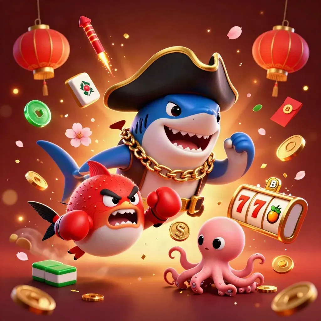 Pirate shark, boxing pufferfish, and coin-juggling octopus amid casino symbols and neon glow.