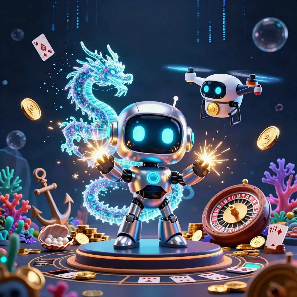 Cyberpunk robot, holographic dragon, and coin drone amid treasure, roulette, and neon casino glow.