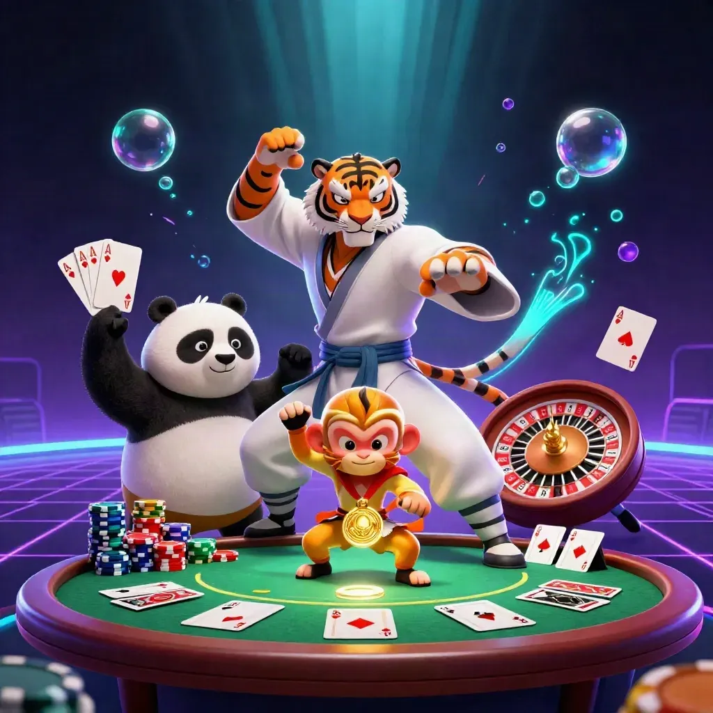 Tiger, panda, and monkey around a glowing gold medal with casino props and neon effects.