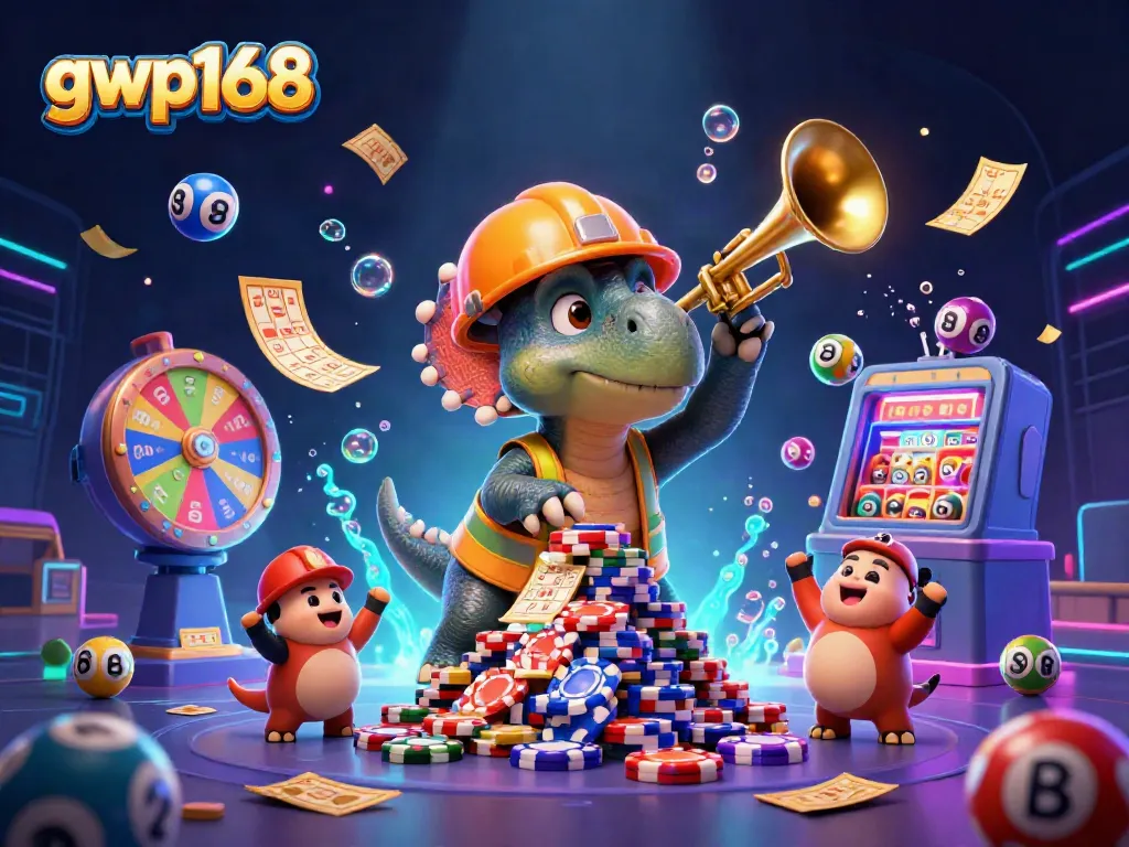 GWP168 menyajikan ilustrasi 3D dengan triceratops membangun tumpukan chip poker, dikelilingi elemen permainan yang dinamis.