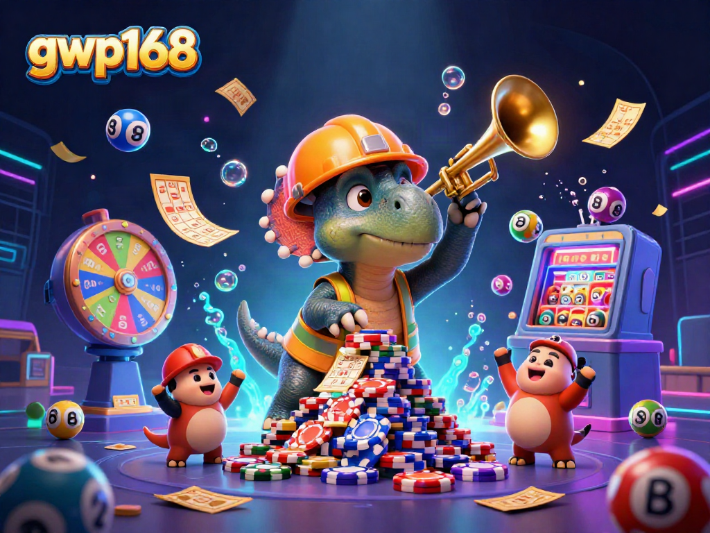 GWP168 menyajikan ilustrasi 3D dengan triceratops membangun tumpukan chip poker, dikelilingi elemen permainan yang dinamis.
