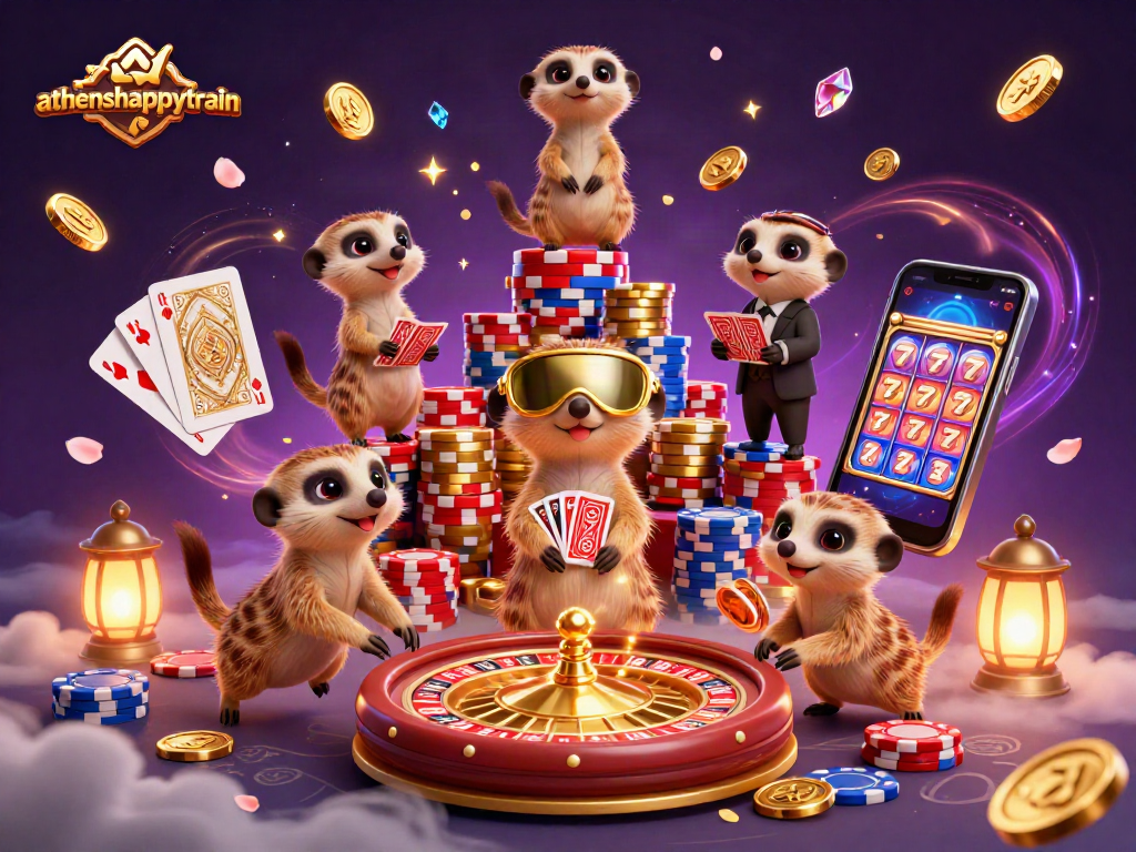 Athenshappytrain showcases a lively meerkat casino scene with vibrant elements like golden coins and chips.