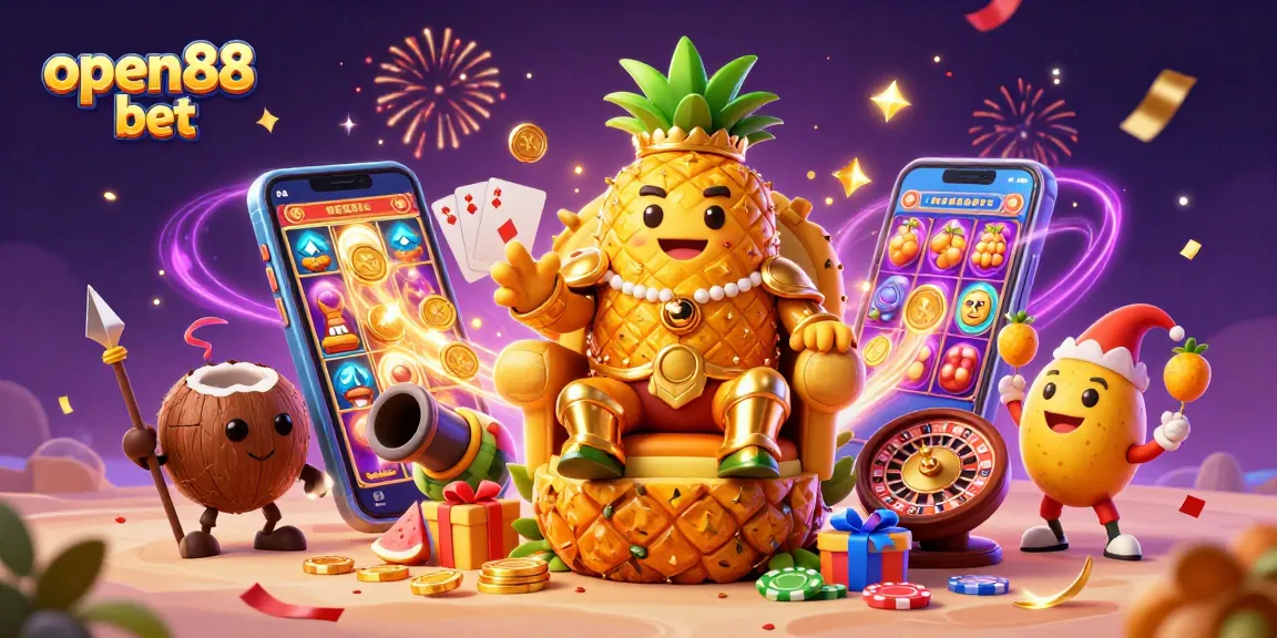 Experience the thrill of open88 bet with a dynamic 3D casino scene featuring tropical characters and vibrant gaming elements.
