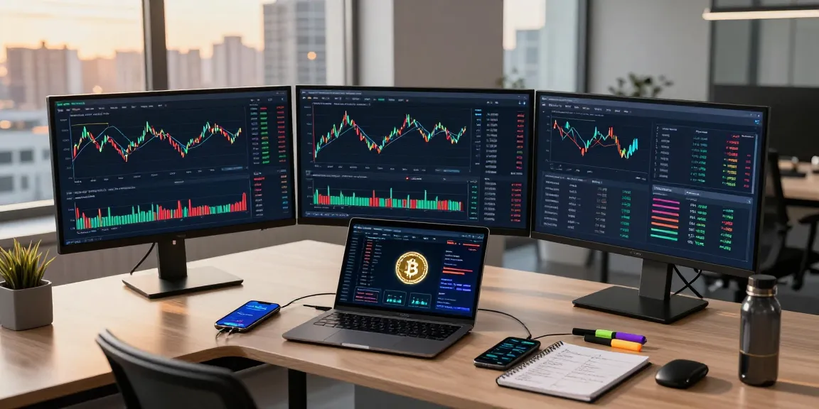 Play exchange in a modern cryptocurrency trading setup with live charts, digital wallets, and innovative tech.