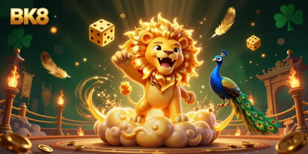 Win big with BK8 in this dynamic light-filled casino illustration featuring luck and adventure.