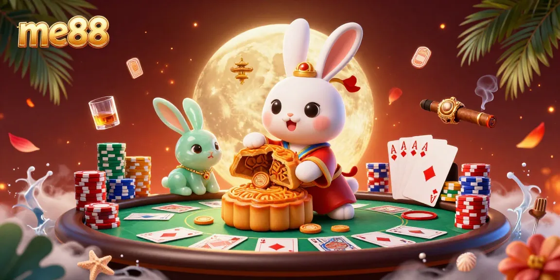 Experience me88's enchanting casino realm with a moon rabbit and poker treasures under a vibrant night sky.